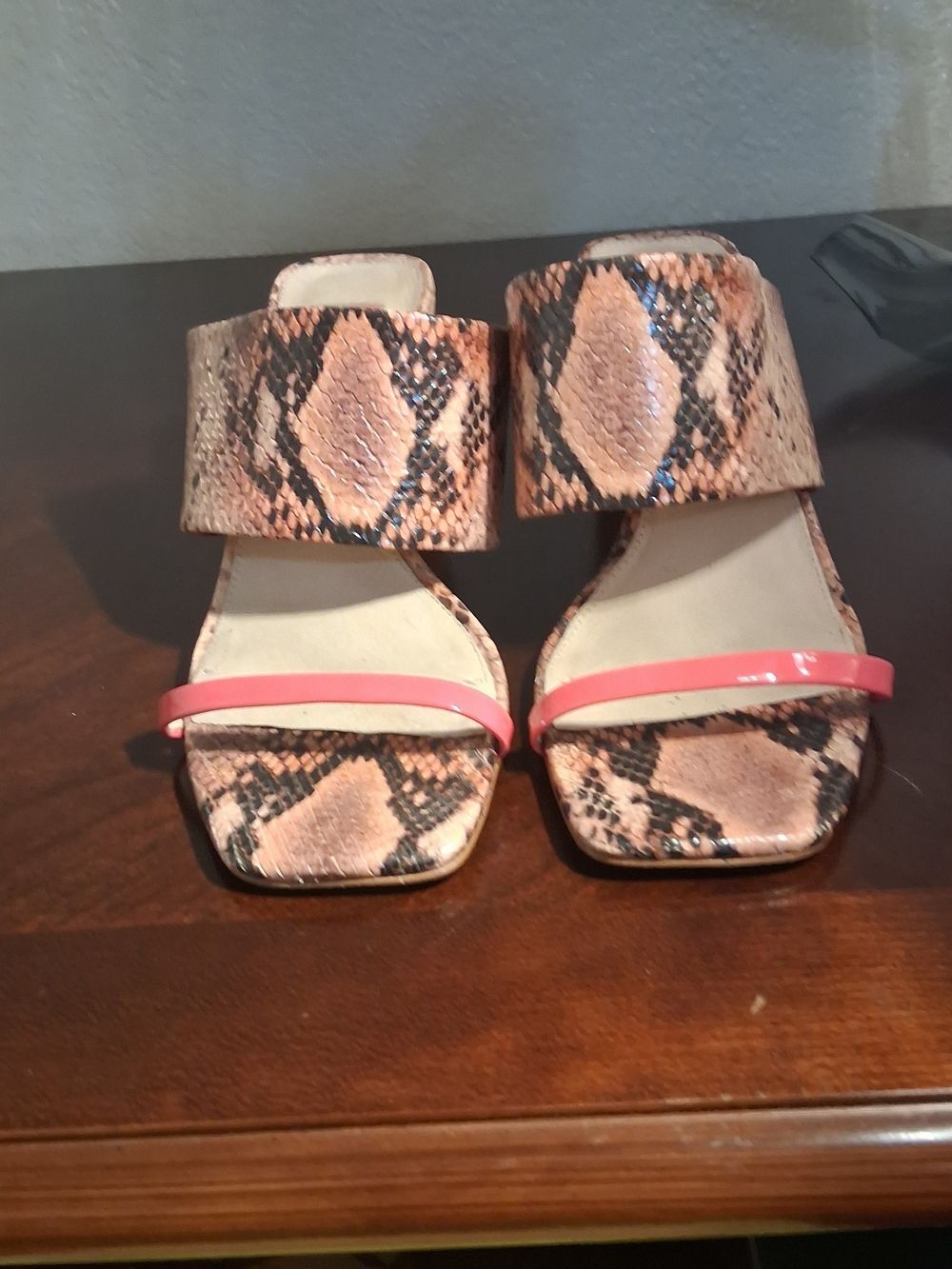 Louise et Cie Snake-Print Mules with Coral Pink Strap